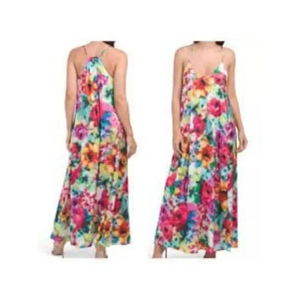 Nicole Miller Multicolored Watercolor Floral Satin Halter Maxi Dress Size S